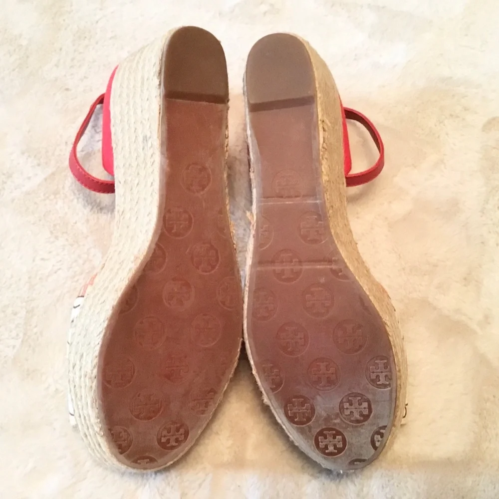 Tory Burch Sherri Red & Cream Floral Platform Ankle Strap Espadrilles - 10